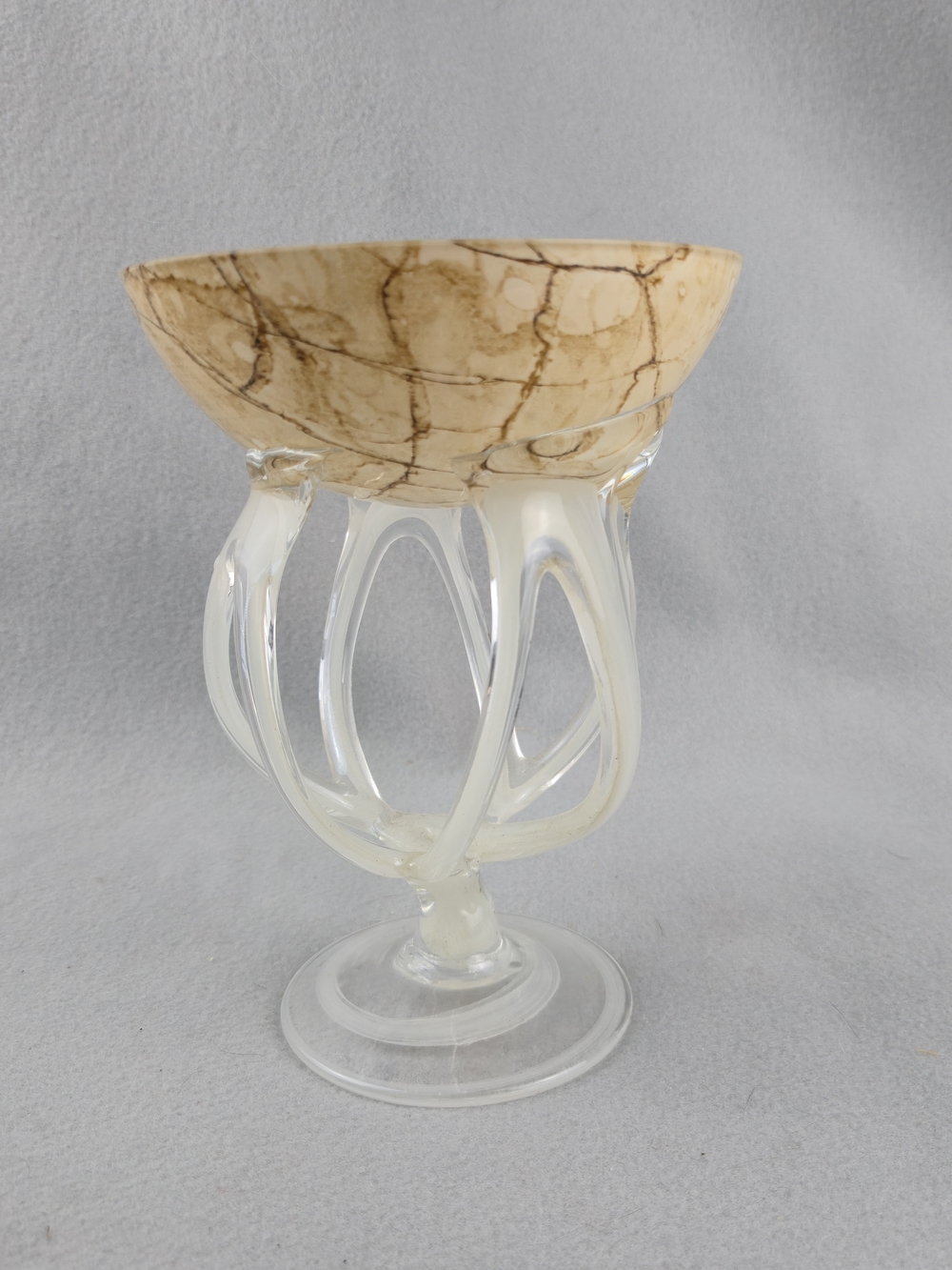 Jozefina Krosno Polish Art Glass Jellyfish Pedestal Bowl Beige Marbleized